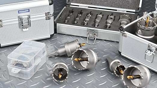 Mollom 11PCS (16-64mm) TCT Carbide Hole Saw Kit for Hard Metal, Hole Cutters with 4Pcs Extra Pilot Drill bits and 3Pcs Hex Keys for Stainless Steel,Iron,Aluminum,Alloy,Metal,Wood