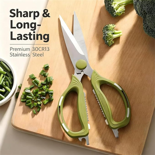 Kitchen Shears Scissors Food Scissors, 8-in-1 Multifunction Japanese Stainless Steel Meat Shears, Dishwasher Safe Sharp Shear All Purpose with Comfort Grip, Ideal for Everyday Use-Green