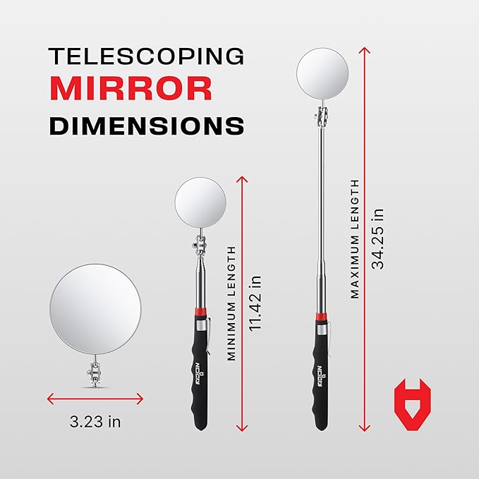 NoCry Heavy Duty Telescoping Inspection Mirror ??3.23 Inch Round Mirror on a Stick; 2-in-1 Storage Pouch; Extendable Mirror up to 30in; Non-Slip Handle; 360째 Inspection Mirror Telescoping Swivel Head