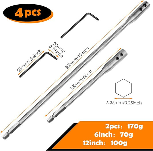 Hotop 4 Pieces 1/4 Extension Drill Bit Set Wood Spade Drill Bit Extension, 6 and 12 Inches with 2 Pieces Key, Use with High-Carbon Steel Wood Spade