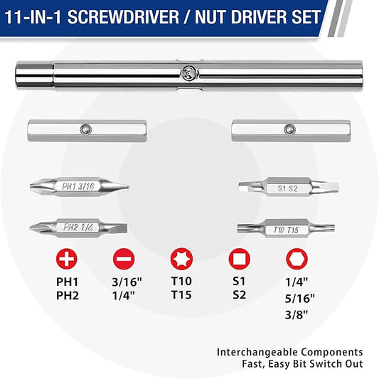 WORKPRO 11-in-1 Screwdriver/Nut Driver Set Tool Comfort Grip, All in One Multi-bit, Portable Screw-driver, 8 Bits (Philips/Slotted/Torx/Square), 3 Nut Driver Sizes