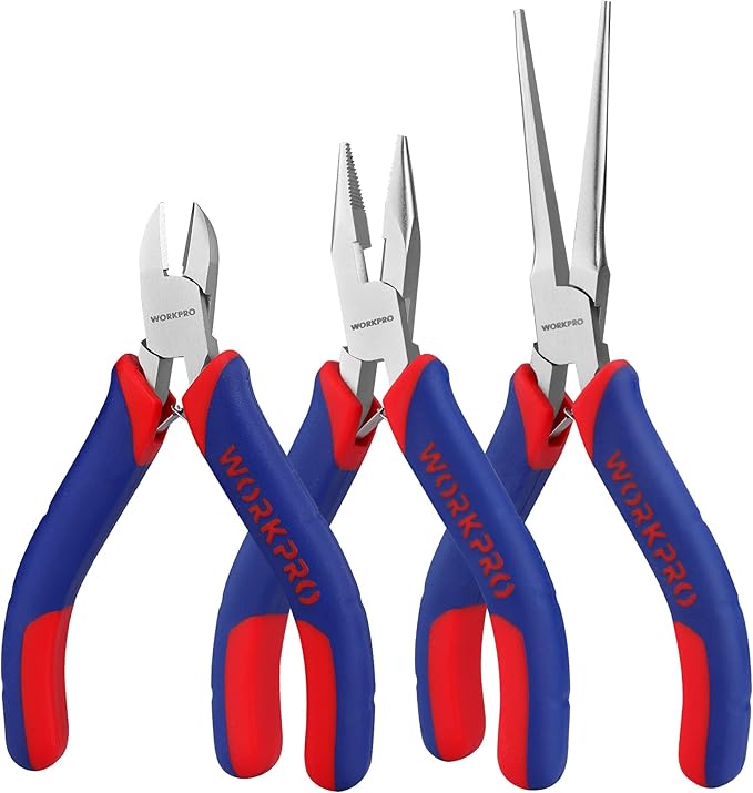 WORKPRO Mini Pliers Set, 3-Piece Small Pliers Tool Kit Includes 4??Diagonal Plier, 5??Long Nose Plier, 6??Needle Nose Plier, for Making Crafts, Repairing Electronic Devices