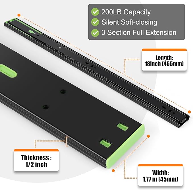 2 Pairs | Soft Close Drawer Slides 18 inch, HBL??Heavy Duty Cabinet Drawer Slides Replacement - Ball Bearing Full Extension, 200 LB Capacity, Made of Cold-Rolled Steel, Rust-Resistant & Long-Lasting.