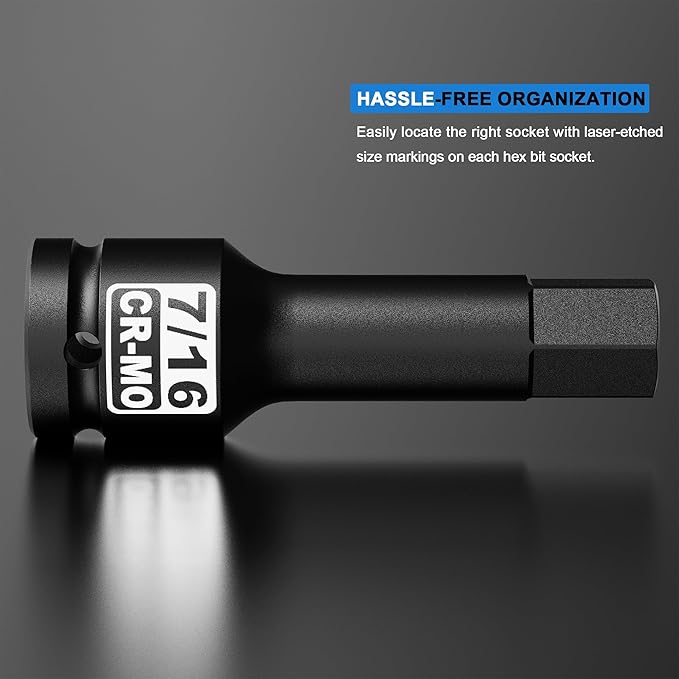 1/2" Drive H7/16-Inch Impact Hex Bit Socket, SAE Allen Bit Socket, Cr-Mo Steel, Removing Loosening Hexagon Bolts