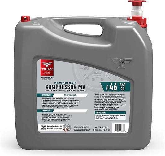 TRIAX Kompressor MV 46 / SAE 20 - Full Synthetic, Multi-Vis Air Compressor Oil - Commercial Grade - for Rotary, Vane, Screw, and Reciprocal - High Temp, 20,000 Hour Life, Non-Detergent (5 Gallon)