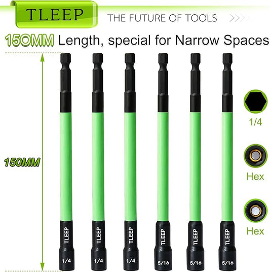 150MM 1/4" 5/16" Magnetic Power Nut Driver Set for Impact Drill, 1/4" Hex Head Drill Bit Set SAE Screwdriver Socket Set, Chrome Vanadium Steel Quick Change Chuck Socket Wrench Nut Setters