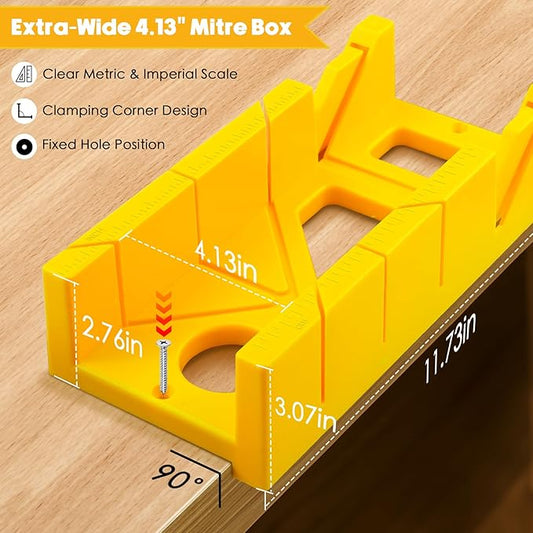 4PCS Miter Box and Saw Set, 4.13 × 12-Inch Extra-Wide Mitre Box with 3 Mitre Saws for Heavy-Duty Tasks, Miter Box with Saw Included for Precise Miter and Bevel Cuts Woodworking DIY Crafting