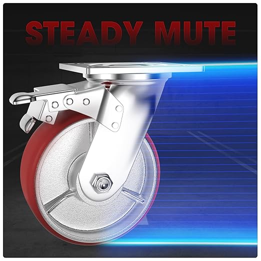 Casters Set of 4 Heavy Duty 6 inch Caster Wheels - ASRINIEY Locking Casters with No Noise Polyurethane on Steel Wheels, Swivel Plate Caster with Brake for Toolbox Workbench, 5000 lbs Total Capacity