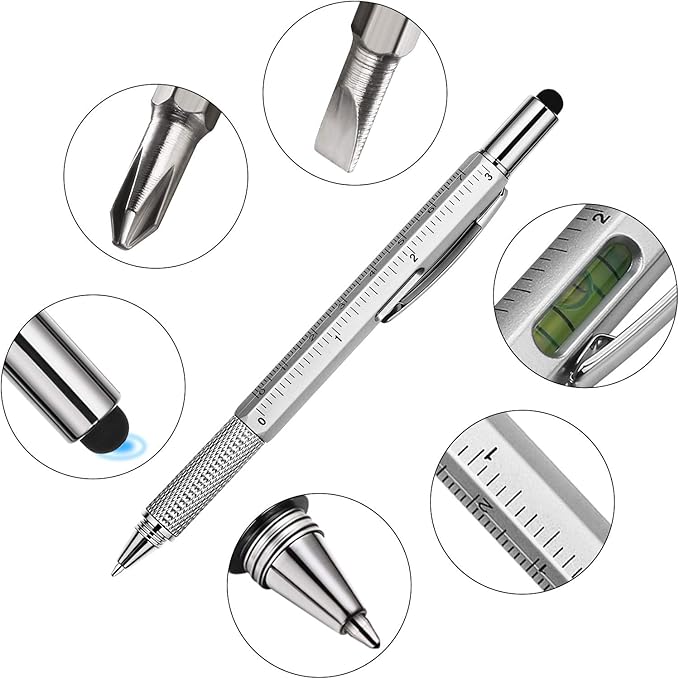 Zhanmai 8 Pcs Multitool Pens 6 in 1 Multi-tool Pen Set with Refills for Men's Birthday Gifts, Christmas Stocking Stuffers for Men Dad Husband (Silver)