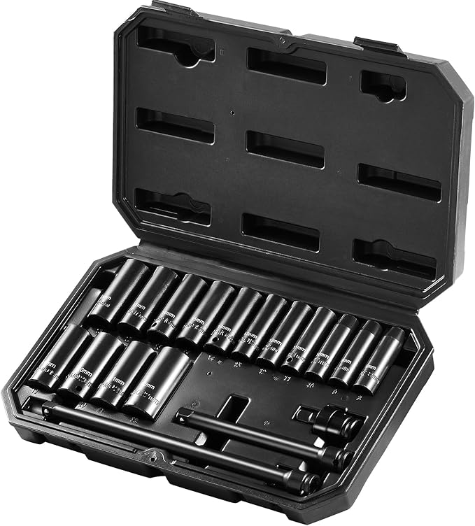 VEVOR Drive Impact Socket Set 3/8" - 18 Piece Deep Socket Set Metric 8-22mm - 6 Point CR-V Alloy Steel for Auto Repair - Easy-to-Read Size Markings - Rugged Construction Includes Storage Case