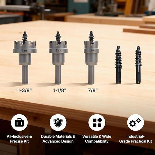 BLACK CANYON 5 Pcs Carbide Hole Saw Kit, Heavy Duty Hole Saw kit, Includes 7/8" / 1-1/8"/ 1-3/8"Carbide Hole Cutters and Pilot Bits & Hex Hey, for Stainless Steel/Iron/Aluminum/Metal
