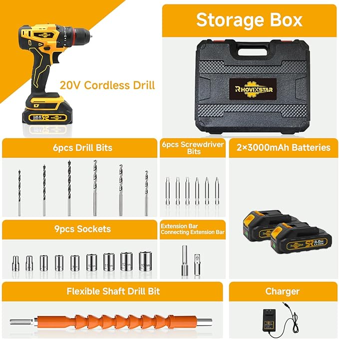 Cordless Drill Set with Battery And Charger,Power Drill Tool Set 20v,3/8-Inch Keyless Chuck,Variable Speed (Equipped with two batteries)