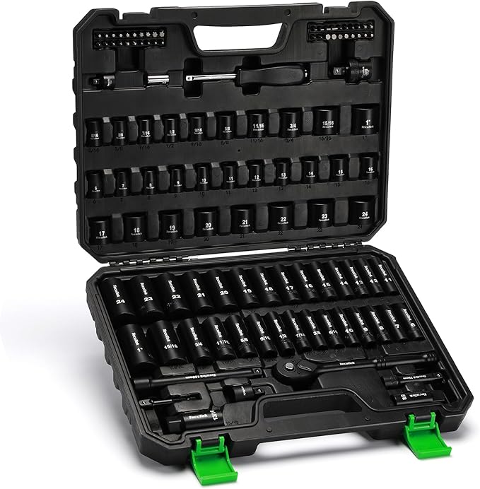 3/8" Drive Impact Socket Set, 109-Piece SAE (5/16"-1") and Metric (6mm-24mm), Deep & Shallow, 6 Point, Adapters, Ratchet Handle, Screwdriver Bit Set, Spark Plug Socket