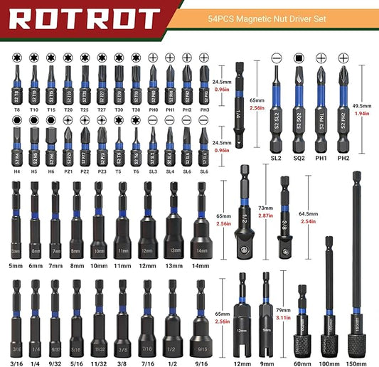 54-Piece Magnetic Nut Driver Set, Impact Drill Driver Bit 1/4", Metric & SAE Nut Drivers for Impact Drill, Socket Adapters, Screwdriver Bit, Quick-Release Extension, Wing Nut Driver, Storage Box