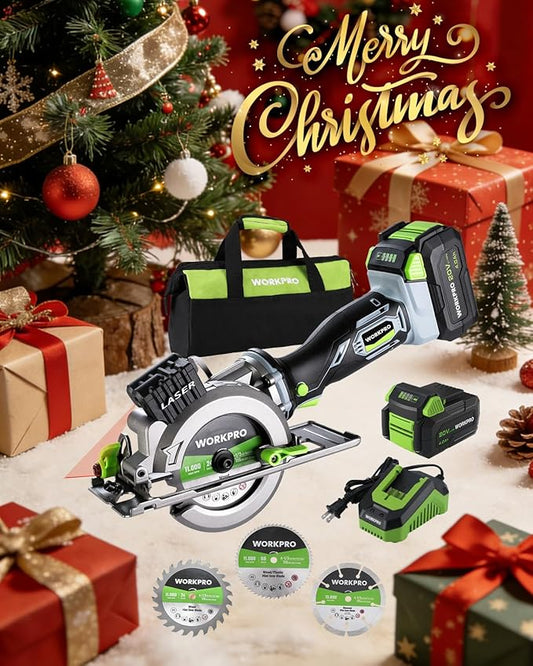WORKPRO 20V Cordless Mini Circular Saw, 4-1/2" Compact Wireless Circular Saw 4.0Ah Battery, Fast Charger, 3 Blades, 4500RPM, Laser Guide, Max Cutting Depth 1-11/16"(90°), 1-1/8"(45°)