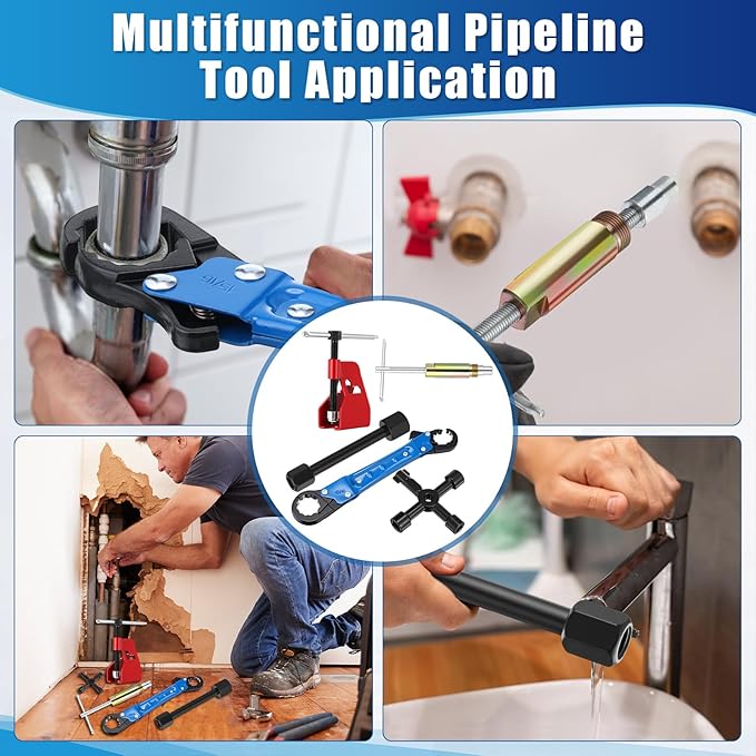 Lanties 5 Pcs Angle Stop Wrench Kit Plumbing Tool, Compression Sleeve Puller for 1/2" Compression Fitting Ferrule Puller Removal Tool for 1/2" Copper Tubing 4-way Multi-functional Utility Key(Blue)