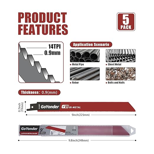 GoYonder Reciprocating Saw Blades 9 Inch 14TPI Saw Blades for Metal Pipe, Sheet Metal, Rebar, Bi-Metal Saw Blades Wear Resistance Sharp for Metal Cutting with Organizer Case (5-Pack)