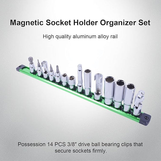 Magnetic Socket Holder Organizer Set:3/8-Inch Drive Socket Trays Socket, 360째 Swivel 14 Clips Socket Holder Kit, For Automotive Mechanic Garage (Green)