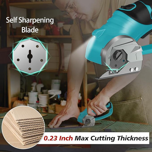 Cordless Electric Scissors, 4V Rechargeable Box Cutter & Cardboard Cutter with Titanium Blade, LED Light, Safety Lock - Rotary Cutter for Fabric, Leather, Carpet, Plastic, Crafting, Sewing(Turquoise)