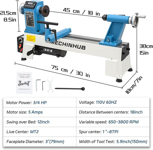 12" x 18" Digital Display Wood Lathe Machine, Benchtop Wood Lathe Machine 3/4HP Infinitely Variable Speed 650-3800 RPM Professional for High Speed Sanding and Polishing