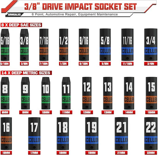 50 Piece 3/8" Drive Impact Socket Set, SAE (5/16?쇺?3/4?쇺? and Metric (8-22mm) Socket Kit, Extension bar & Adapter, 6 Point, Automotive Repair, Equipment Maintenance