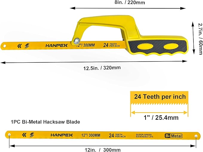Mini Hacksaw for Metal Cutting, Aluminum Frame Hand Hack Saw with 12 Inch Flexible Bi-Metal HSS Blades - Compact Cutter for Wood, PVC, Iron, Copper, Plastic Pipes
