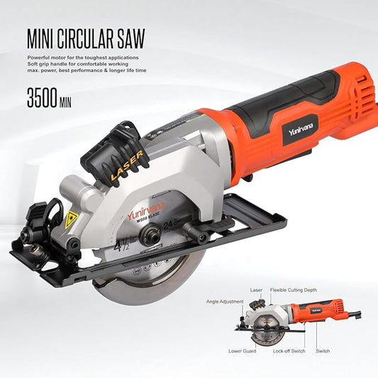 4Amp 3500RPM Mini Circular Saw with Laser Guide, Vacuum Adapter, Blade Wrench and Rip Guide, Max. Cutting Depth1-5/8"(90°), 1-1/10"(45°)Compact Saw with 2 pcs 4-1/2" 24T TCT Blades