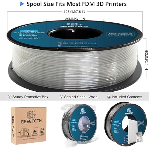 Geeetech TPU Filament 1.75mm, Shore 95A Flexible 3D Printer Filament with High Elasticity, 1KG (2.2lbs) Spool, Dimensional Accuracy 짹0.03mm, Fits Most FDM Printers (Clear/Transparent)