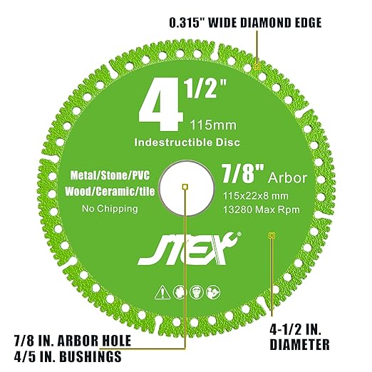 JTEX Indestructible Disc 4-1/2 Inch for Angle Grinder, 7/8" Arbor, Multi-Material Diamond Blade Cutting for Metal, Rebar, Tile, Stone, PVC Pipes (3-Pack)