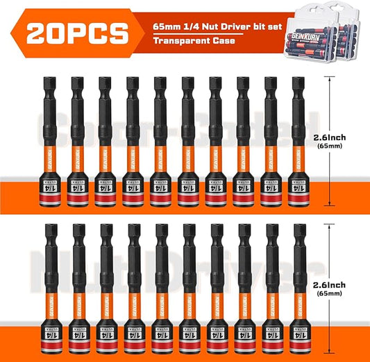 Impact Nut Driver Set, 20 Pieces 2.56?쒵ong 1/4??Magnetic SAE Nut Setter Set 6 Point Alloy Steel Use 1/4 Hex Shank Impact Driver with Portable Storage Cases