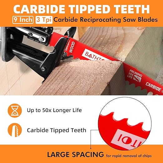 5 Pack 9 Inch 3 Tpi Carbide Reciprocating Saw Blades for Wood Cutting and Tree Trimming, Pruning Sawzall Blades with Carbide Tipped Teeth for Longer Life and Faster Cutting Speed