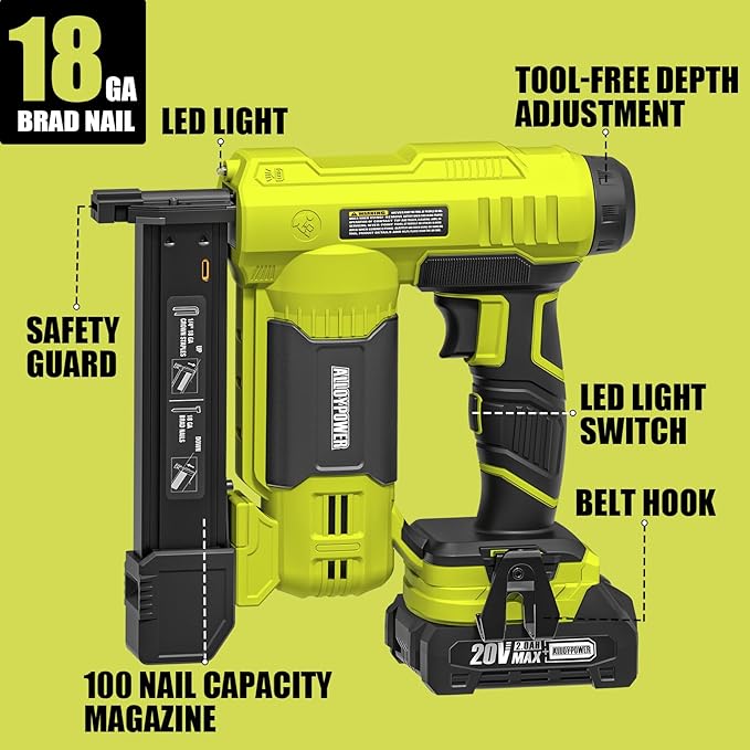 ALLOYPOWER 2 in 1 Cordless Brad Nailer/Electric Stapler with 2.0Ah Battery and Charger,1000pcs Nails and 500pcs Staples Included for Home Improvement & Woodworking