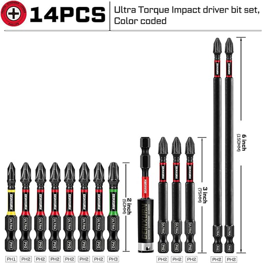 13pcs Impact #1#2#3 Phillipes Screwdriver Bits Set, 2??3??6??(PH1/PH2/PH3) Magnetic S2 Steel Cross Driver Bits Set and 1pc 3??Impact Bit Holder with Color Coded Base