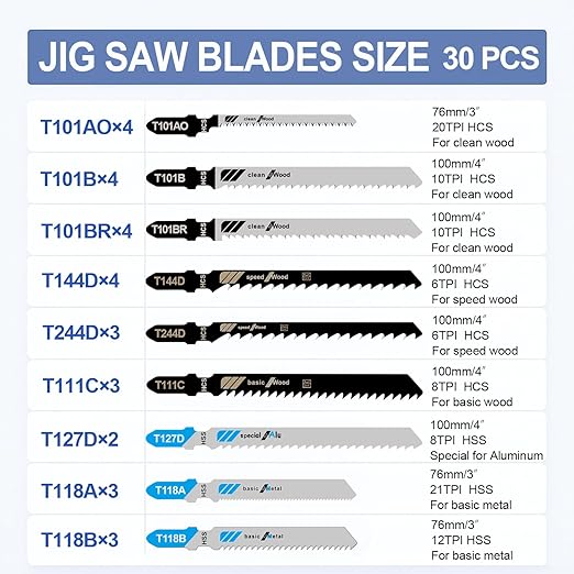 30PCS Jigsaw Blades Set, Assorted T-Shank Jig Saw Blades for Wood, Metal & Plastic Cutting(T101AO, T101B, T101BR, T118A, T118B, T144D, T244D, T111C, T127D)