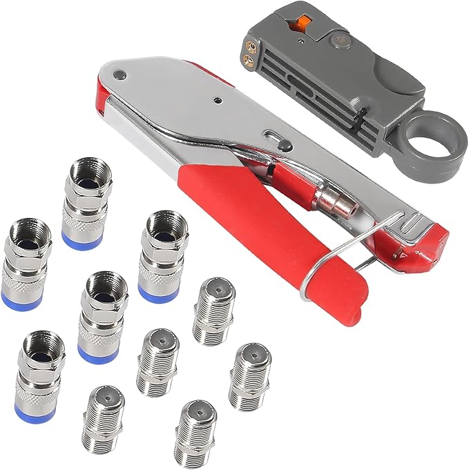 ALMOCN Coax Cable Crimper Tool Kit Coaxial Compression Tool Coaxial Cable Stripper with 5PCS RG6 F Type Connector Coaxial Compression Fitting + 5PCS Coaxial Cable Extension Adapter