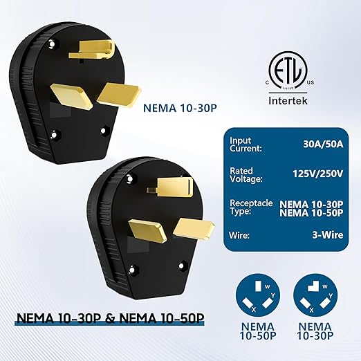 NEMA 10-30/50P Straight Blade Angle Plug, AC Dryer Replacement Male Angle Plug,3 Pole 3 Wire Non-Grounding Heavy Duty Universal Power Male Connector for Dryers 30/50Amp,125/250Volt-with 1 Screwdriver