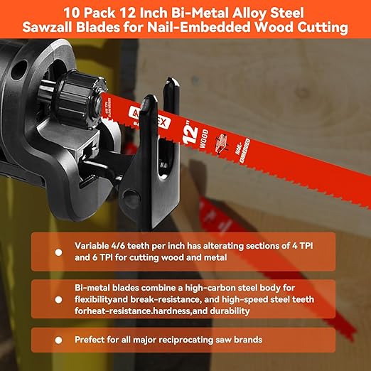 10 Pack 12 Inch 4/6 TPI Reciprocating Saw Blades for Wood and Nail-Embedded Wood Cutting, Bi-Metal Sawzall Blades for Cutting Nail and PVC Pallets etc, for Diablo Sawzall Blades DS1212BW5