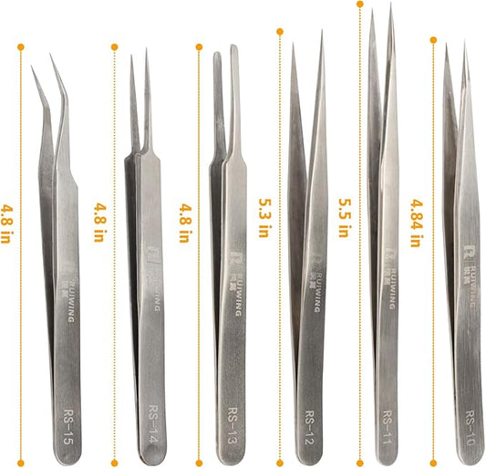 Precision Tweezers Set, 6 PCS Extra Thick Stainless Steel, Non-Magnetic, Heat Resistant for Electronics, Soldering, Jewelry, Craft, and Laboratory Work