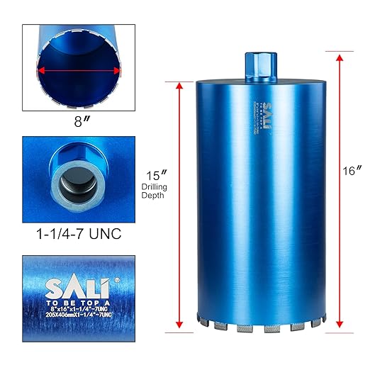 SALI Wet Diamond Core Drill Bits 8"/205mm Diameter, 15"/380mm Drilling Depth Concrete Core Drill Bit, 1-1/4-7" Thread Core Bit Turbo Laser-Welded Segments with Rebar, Brick, Block, Masonry, Stone