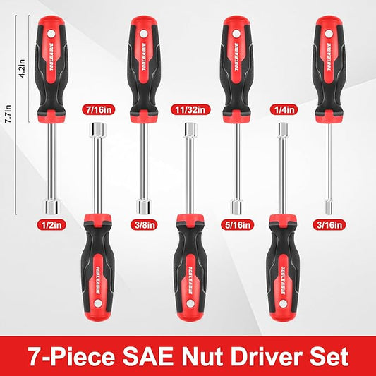 TOOLEAGUE 7Pcs SAE Nut Driver Set with 3-Inch Hollow Shaft,Pass Through Design,Nut Drivers Sizes 3/16, 1/4, 5/16, 11/32, 3/8, 7/16, 1/2-Inch for Hand-Making, Repair