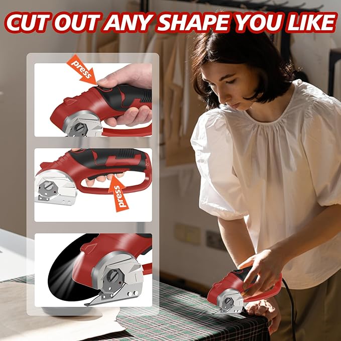 Cordless Electric Scissors, 4V Rechargeable Box Cutter & Cardboard Cutter with LED Light, Safety Lock - Rotary Cutter for Fabric, Leather, Carpet, Plastic, Crafting, Sewing with Storage Box (Red)