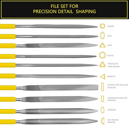 Needle File Set, 10 Pieces Hand Metal Files, Hardened Alloy Strength Steel Set Includes Flat, Round, Half-Round, Triangular, Square, Oval, Crossing, and Barrette File