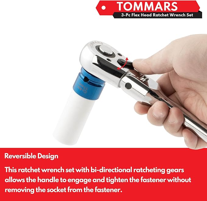 TOMMARS Flex-Head Ratchet Set, 1/4", 3/8", 1/2" Drive Flexible Ratchet Handle Wrench 72-Tooth Quick-Release Reversible Gift for Men Mechanic Hand Tools