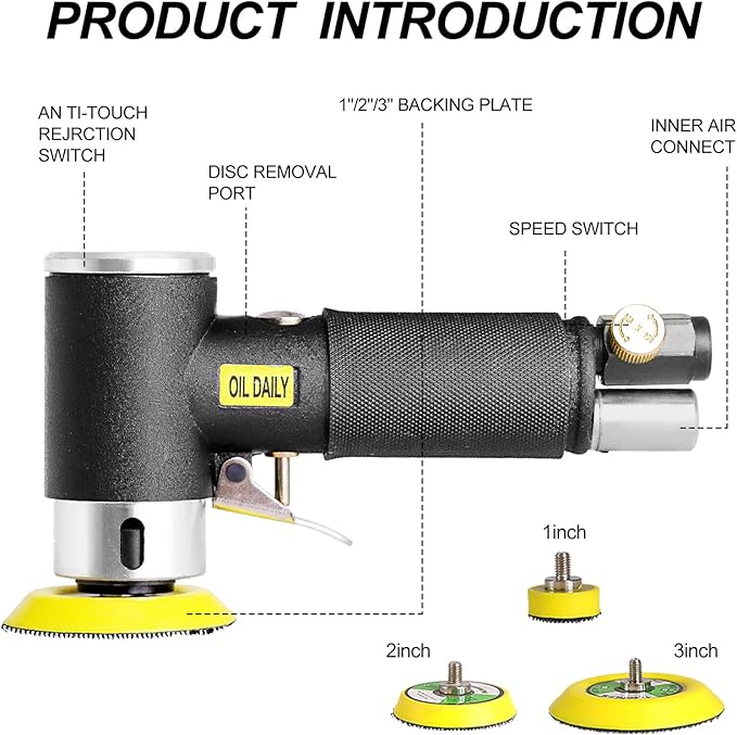 Mini Air Sander,Random Orbital Air Sander Kit,Mini Pneumatic Sander for auto sanding tools kits with 1/2/3inch Polishing Sponge & Wool Pads Sandpapers (1"2"3" Buffer&Sander Kit)
