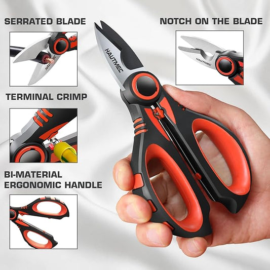 HAUTMEC Heavy-Duty Electrician Scissors, 6-1/4" Professional Electrician Shears with Stainless Serrated & Notch Blade, Wire Stripping, Cable Cutting & Crimping, Ergonomic Fiberglass Handle, HT0416