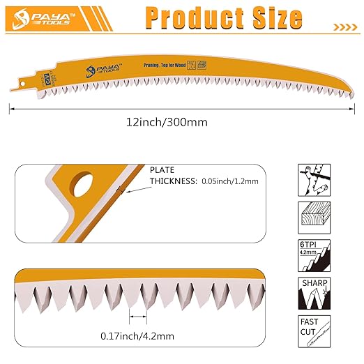 12 Inch 6TPI Japanese Teeth Reciprocating Saw Blade, Curved Edge Wood Pruning Saw Blades for Tree Trimming, Wood Cutting (3-Pack)