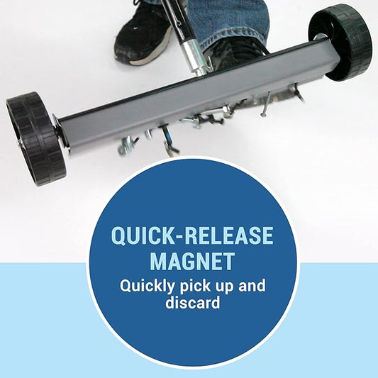 Quick-Release Rolling Magnetic Sweeper, Proudly Made-in-The-USA, 14-Inch Nail Magnet Sweeper on 4-inch Poly Wheels, for Easy Metal Debris Clean-Up. Professional Edition. Handle Sold Seperately!