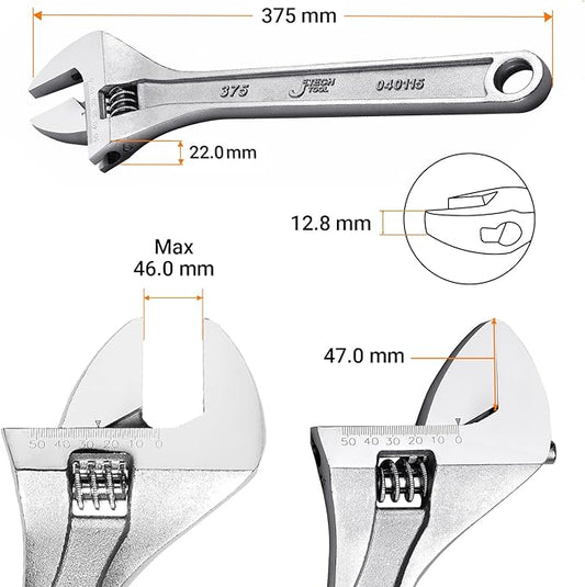 Jetech 15-Inch Adjustable Wrench - Professional Heavy Duty Chrome Vanadium Steel Shifter Spanner with Inch/Metric Scale Wide Caliber Opening