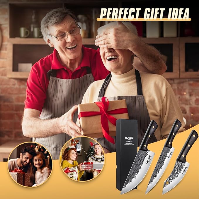 Huusk Hand Forged Chef Knife Set, High Carbon Steel Butcher Knife Set, Japanese Kitchen Knives for Home, Outdoor BBQ Camping Cooking, Christmas Gift Idea Men