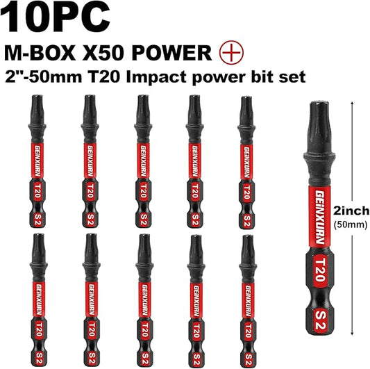 10Pieces 2 In. T20 Impact Tough Magnetic Screwdriver Bit Set, #20 Torx Head Power Bits, S2 Alloy Steel Star Bits with Storage M-Box